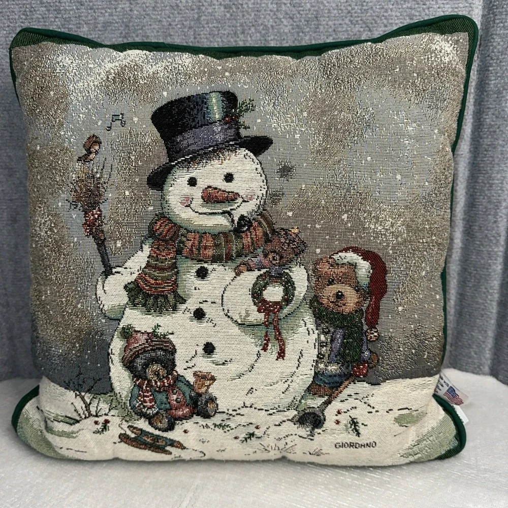 Vtg Riverdale Tapestry Snowman Pillow Bear Winter Christmas Giordana USA 16